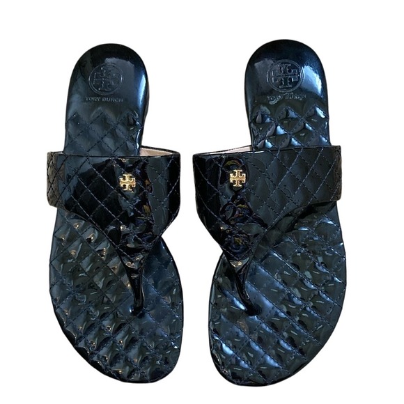 Tori Burch‎ Womens Quilted Kent Sandal Black Patent Leather Size 7.5 Classic - Picture 1 of 15